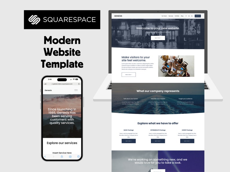 Pu&ograve; includere: Un modello di sito web per Squarespace, che mostra un design moderno con uno schema di colori blu scuro. Il modello presenta un'immagine di intestazione di grandi dimensioni, un pulsante di invito all'azione e una sezione che evidenzia i servizi dell'azienda. Il testo sul sito web recita "Benvenuti sul vostro nuovo sito web." e "Fate in modo che i visitatori del vostro sito si sentano i benvenuti."