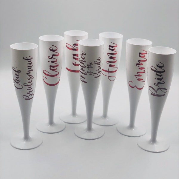 Personalised Champagne Flute - Biodegradable White Plastic - Prosecco glass - hen party, bridal shower, wedding