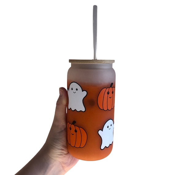 Color Changing Halloween Ghosts 16oz Glass Can With Lid and Straw