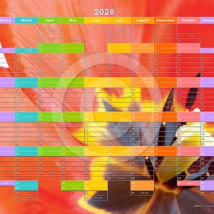 May include: A colorful calendar for the year 2026 with a close-up of a red and yellow tulip flower in the background.