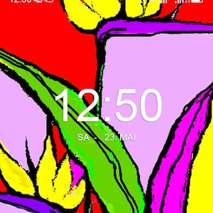 May include: Abstract digital art with a vibrant color palette. The image features a large, light purple rectangle with the time 12:50 in white text. The date is displayed as SA 23. MAI. The background is a mix of red, yellow, green, and purple.