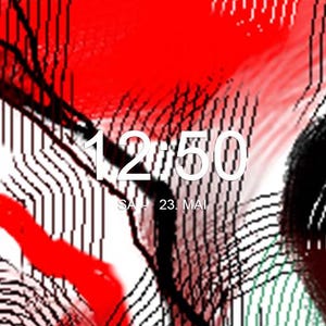 Könnte beinhalten: Eine digitale Uhr, die 12:50 anzeigt, mit dem Datum "SA+ 23. MAI" auf einem abstrakten Hintergrund in Rot, Weiß und Schwarz.