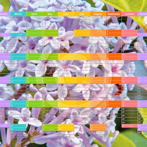 Peut inclure: Un calendrier 2026 avec un fond floral de fleurs violettes. La grille du calendrier est superposée à l'image, avec le nom de chaque mois dans une couleur différente. Les jours de la semaine sont listés à gauche.