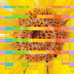 May include: A yellow sunflower calendar for the year 2026. The calendar is divided into 12 months, with each month having its own color. The sunflower is in the center of the calendar, and its petals are visible in the background.