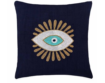 Navy Blue Evil Eye Embellished Cushion Case, Throw Pillow Cover 18"x18" inch/ 45"x45" cm for Couch & Bedroom, Sofa Cushion Cover