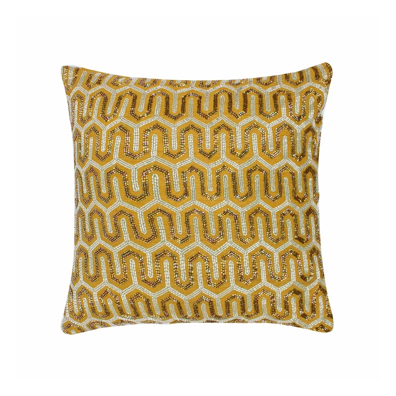 Show Stopper Mustard Yellow Beaded Moroccan 16x16 18x18 20x20 22x22 24x24 26x26 Hand Embroidered Decorative Throw Pillow Covers for Couch