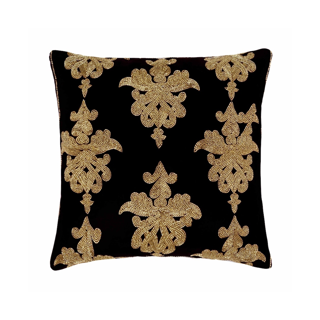 Decorative Black Throw Cushion With Gold Color Beads 24x24 / Etsy