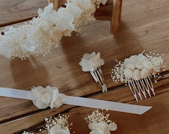 PURE Collection: Dried Flower Wedding Accessories. Bouquets, combs, crowns, boutonnieres, bracelets, barrettes, etc.