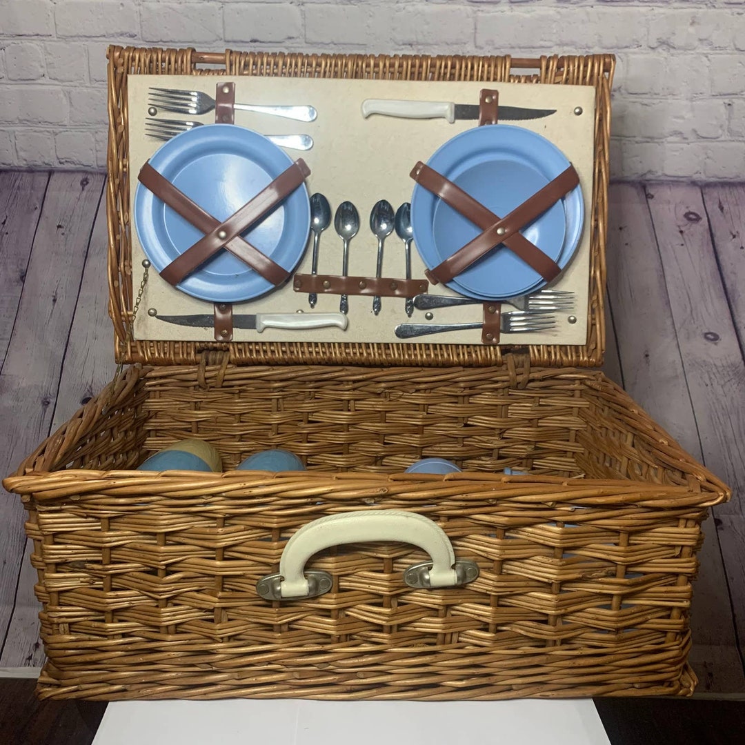 Vintage Optima Made in England Wicker Picnic Basket Set W/ Accessories