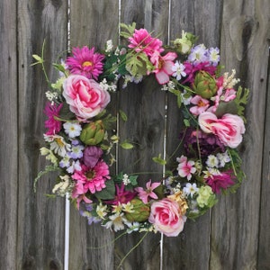 Large spring wreaths for front door, pink, purple, summer wreath, wreaths for front door, gerbera daisy, roses, wild flowers, dark pink