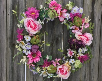 Large spring wreaths for front door, pink, purple, summer wreath, wreaths for front door, gerbera daisy, roses, wild flowers, dark pink