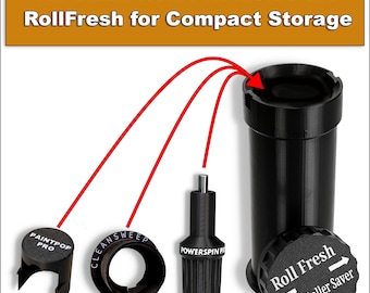 May include: Black RollFresh paint roller saver with a screw-on cap, and three paint roller accessories: PaintPop Pro, CleanSweep, and PowerSpin P. Text on the image reads "All Small items fit inside the RollFresh for Compact Storage."