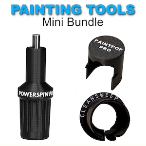 May include: A black mini bundle of painting tools. The tools include a PowerSpin Pro tool, a PaintPop Pro tool, and a CleanSweep tool. The text "PAINTING TOOLS Mini Bundle" is at the top of the image.