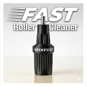 May include: Black roller cleaner with the text "FAST Roller Cleaner" in white. The product has a ridged design and a silver metal top. The brand name "SPINFUZE" is printed in white on the cleaner.