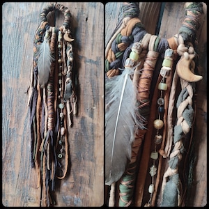 Handmade hairpin/ dreadring Natural mix. Wooden moon & feather