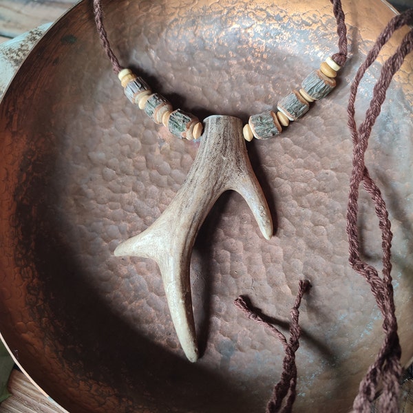 Deer antler amulet - with handmade beads