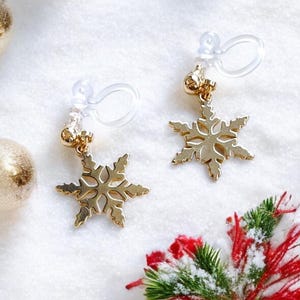 Clip On Earrings • Gold Snowflake Dangle Earrings • Frozen Snow Earrings • Christmas Gift • Invisible Clip On | 14k Gold Filled Post