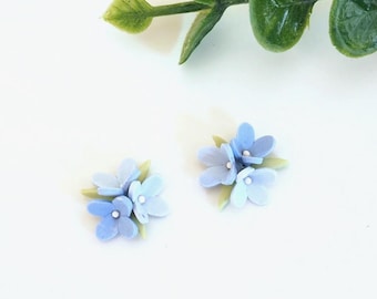 Blue Hydrangea Flower Stud Earrings • Clip On Earrings • Handmade Polymer Clay Jewelry • Floral Accessories • Mother’s Day Gift
