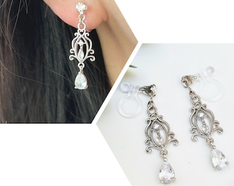 Invisible Clip On Earrings • Timeless Rhinestone Crystal Chandelier Earrings • Bridal Earrings • Wedding Dangle Earrings • Formal Earrings