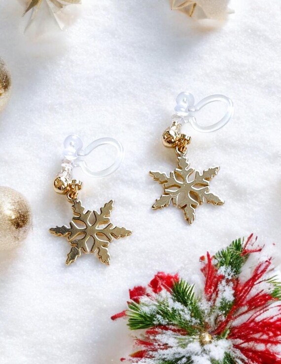 dangle earrings clip on snowflake earrings Clip on Earrings • Gold Snowflake Dangle Earrings • Frozen Snow Earrings •  Christmas Gift • Invisible Clip on 14k Gold Filled Post