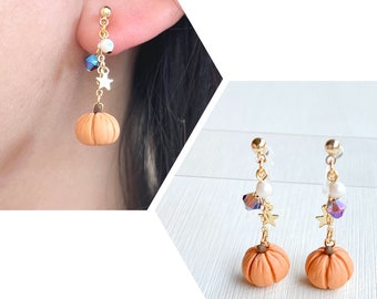 CHOOSE Your Closure • Unique 3D Pumpkin Dangle Earrings • Polymer Clay Earrings • Invisible Clip On Earrings • 14k Gold Plated Materials