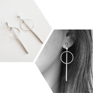 CHOOSE Your Closure • Invisible Clip On Earrings • Surgical Steel Post • Silver Geometric Circle and Bar Statement Earrings • LIMITED STOCK