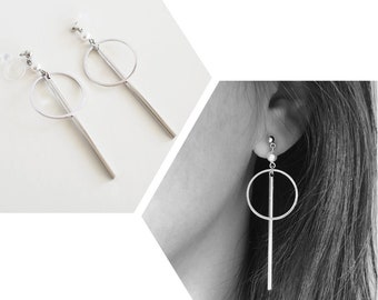 CHOOSE Your Closure • Invisible Clip On Earrings • Surgical Steel Post • Silver Geometric Circle and Bar Statement Earrings • LIMITED STOCK