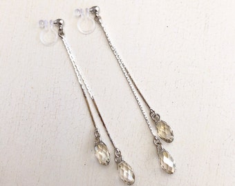 Rhodium Plated Long Chain Swarovski Crystal Dangle Earrings • Statement Earrings • Invisible Clip On | Surgical Steel Ball Post