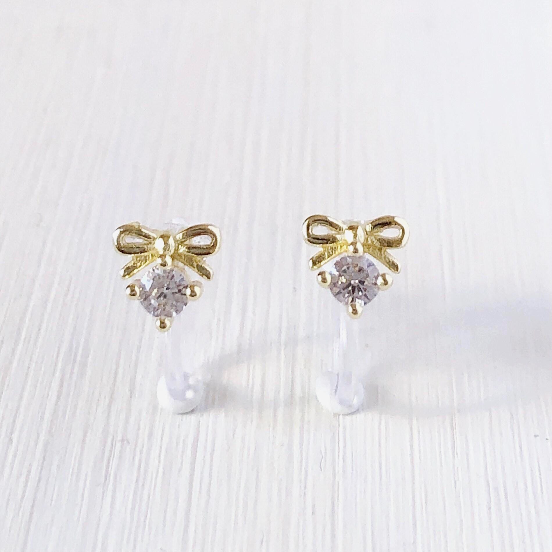 6.5mm Tiny Mini Gold Ribbon Bow Crystal Stud Earrings • Tiny
