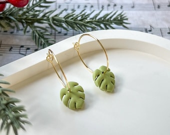 Polymer Clay Hoop Earrings • 14k Gold Plated • Pastel Green Monstera Leaf Earrings •  Handmade Jewellery • Natural Style • Minimalist Gift