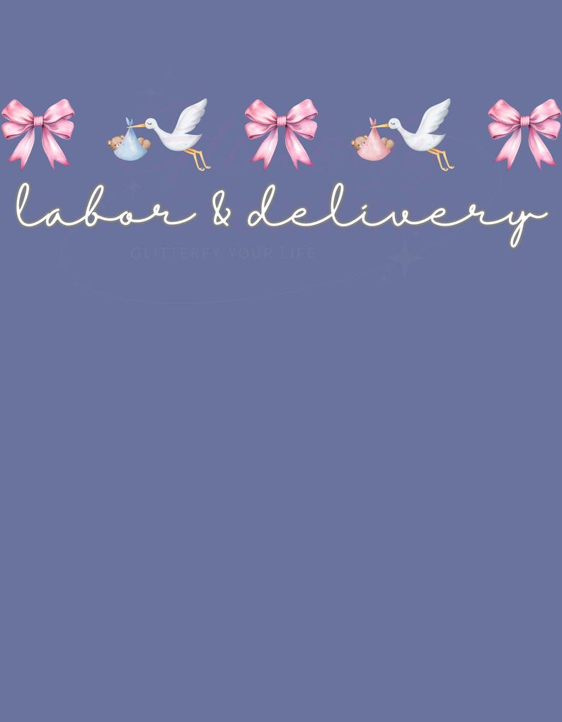 Puede incluir: Un fondo azul con el texto "labor & delivery" en letra cursiva blanca. Hay cuatro lazos rosas y dos cig&uuml;e&ntilde;as blancas que llevan un beb&eacute; en una manta azul y rosa.