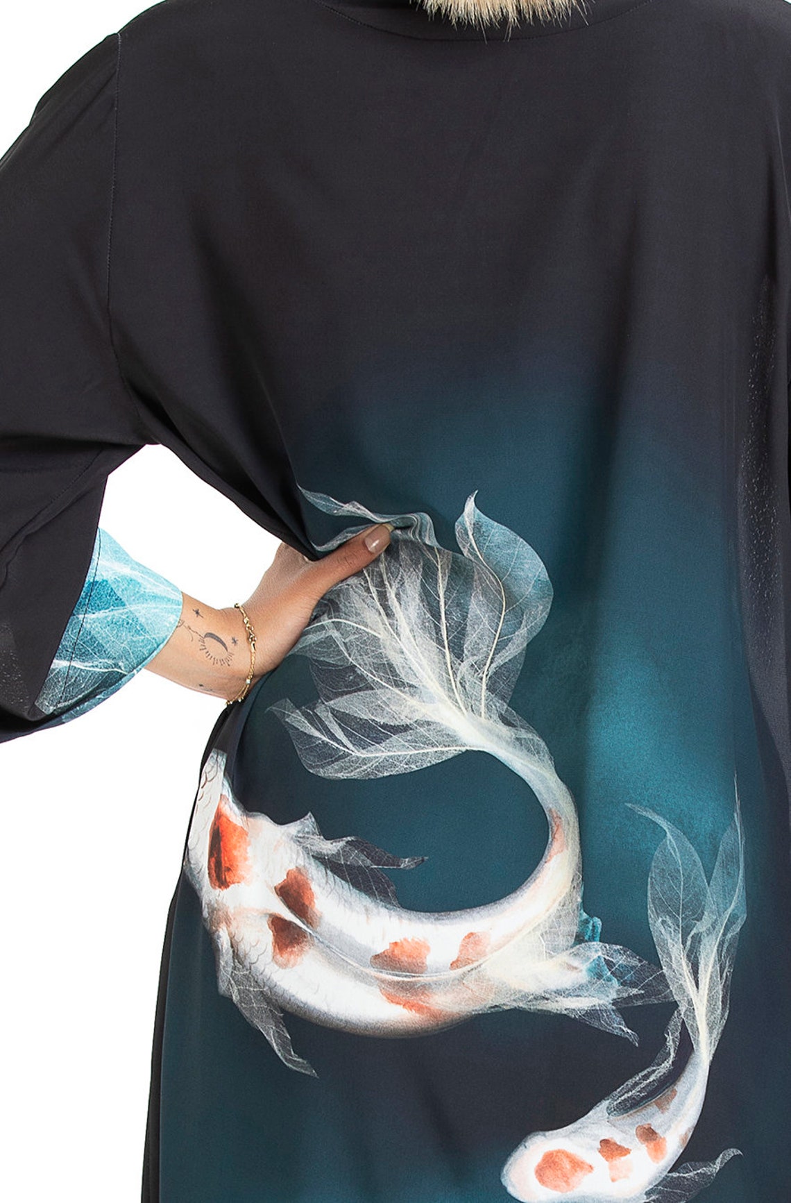 Fish Pattern Kimono Koi As Long Black Silk Robe Dressing Etsy