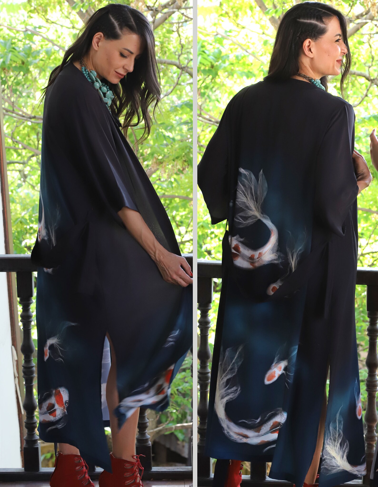 Fish Pattern Kimono Koi As Long Black Silk Robe Dressing Etsy