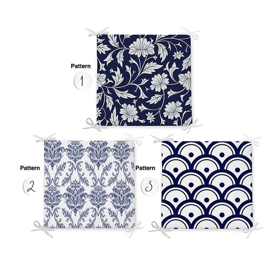 Blue Seat Pad With Ties Nautical Cushions Navy Blue Floral Cushions Garden Chair Pads Etsy UK