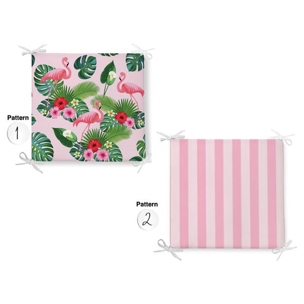 Pink Flamingo Seat Pad, 4 Corner Ties, Natural Chair Pads, Decorative Garden Pillows, Botanical Cushions, Tropical Design