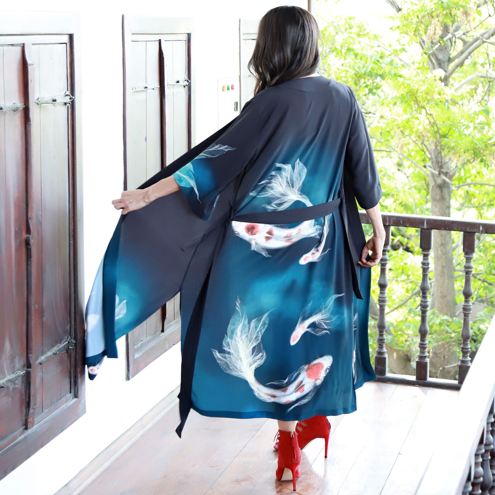 Fish Pattern Kimono Koi As Long Black Silk Robe Dressing Etsy