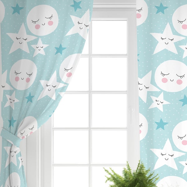 Stars and Moon Curtain , Cute Design Curtain Panels , Kids , Child , Baby Room ,Colourful,Funny Curtain,Sleeping Cute icons,Green