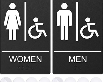Restroom Signs For Business - For Men and Women - 9" by 6" - ADA Compliant with Braille and Handicap Symbol - Double-Sided Adhesive Included