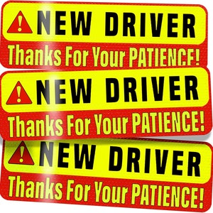 New Driver Magnet Sign for Car - Essential Signs for New Drivers - 3 Pack, 12" by 4" - Bright Red & Yellow and Reflective