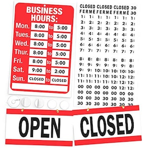 Open Closed Sign, Business Hours Sign Kit - Includes 4 Double Sided Adhesive Pads - Ideal Signs for Any Store, Business, Office