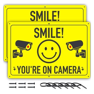 Smile You&#39;re On Camera Signs - Ideal Aluminum Video Surveillance Security Sign for House, Business, Yard, Private Driveway - 11.75 X 8 Inch