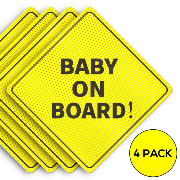 Baby On Board Car Decal Sticker Sign / 4 Pack / 5" by 5" / Bright Yellow and SEE-THROUGH when Reversing / Best Safety Signs For Window