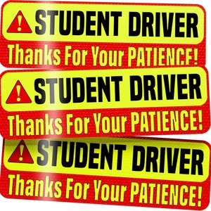 Student Driver Magnet Sign for Car - Essential Signs for New Drivers - 3 Pack, 12" by 4" - Bright Red & Yellow and Reflective