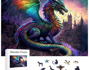 Enchanted Twilight Dragon Wooden Jigsaw Puzzle - Animal Shaped Pieces