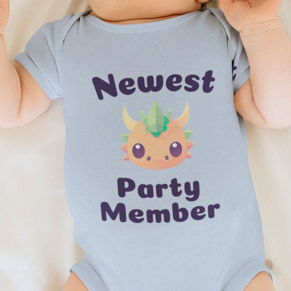 Adorable Dungeons and Dragons baby bodysuit -  "Newest Party Member" with Cute Baby Dragon Graphic / DnD baby gift / DnD baby clothes