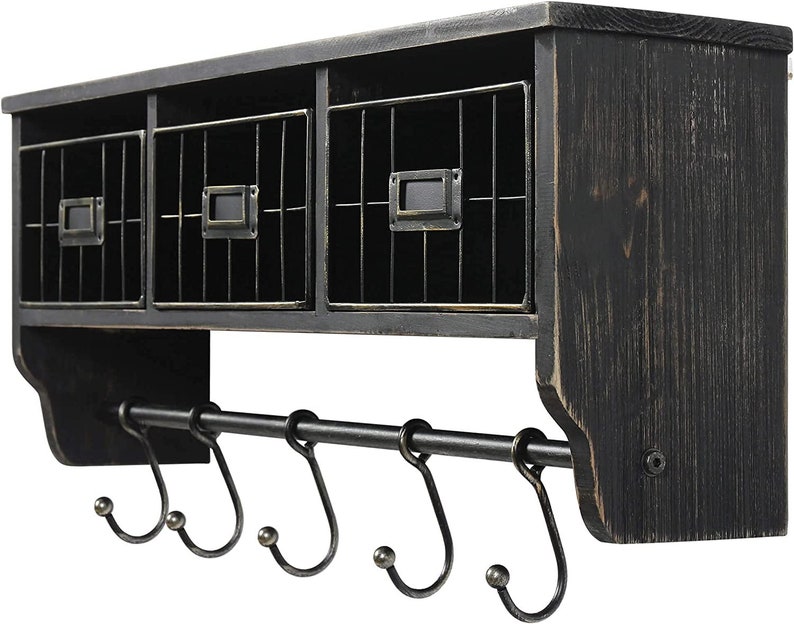 Wall Mounted Shelf With Coat Hooks and Baskets Solid Wood Etsy