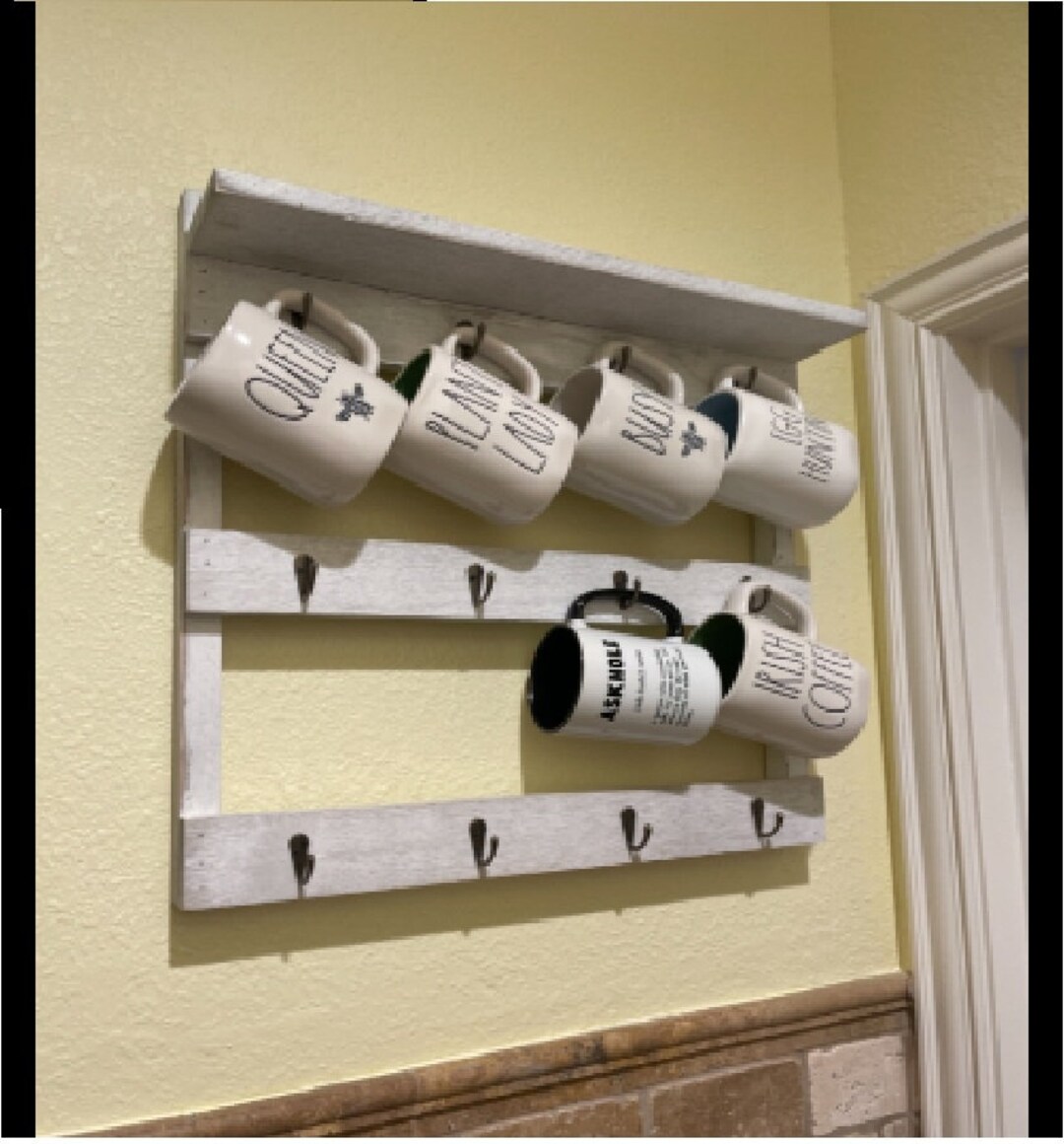 Rustic Mug Rack Wall Mounted With Shelf Wooden Coffee Mug Etsy