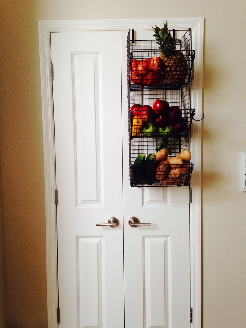 Hanging Fruit Basket Rustic Shelves Metal Wire Tier Wall Etsy