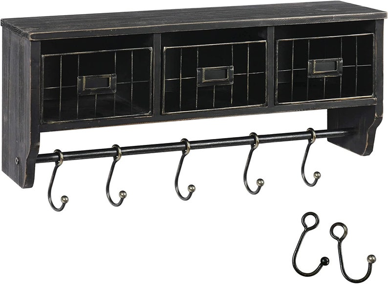 Wall Mounted Shelf With Coat Hooks and Baskets Solid Wood Etsy