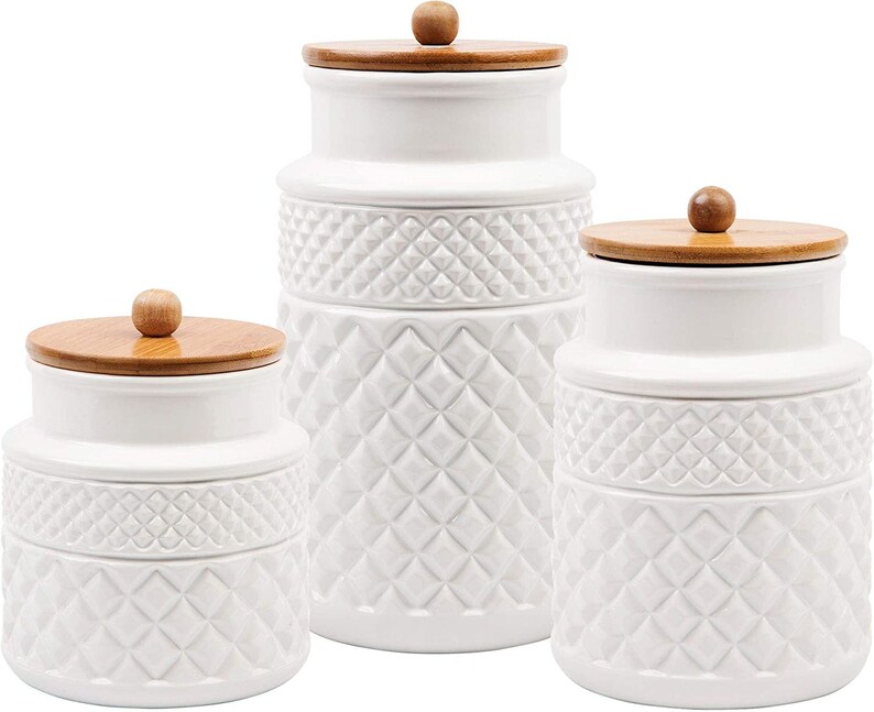 Embossed Faceted Canister White Ceramic Set of 3 Round Jars Etsy